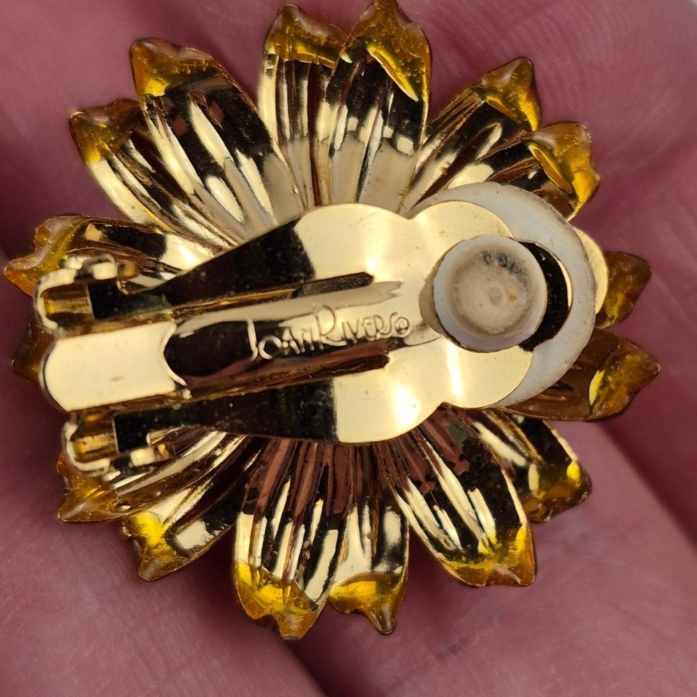Joan Rivers Vtg 90s Orange Chrysanthemum Brooch & Clip Earrings Rhinestone - Picture 7 of 10